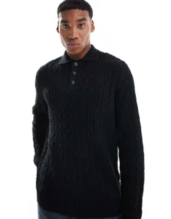 ONLY & SONS Long Sleeve Knit Polo In Black For Men