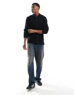 ONLY & SONS Long Sleeve Knit Polo In Black For Men -Modern Clothing Shop 206870971 3