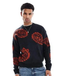 ONLY & SONS Brushed Knitted Jumper With Paisley Print In Navy For Men Dark Navy -Modern Clothing Shop 206910961 1 darknavy 1