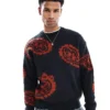 ONLY & SONS Brushed Knitted Jumper With Paisley Print In Navy For Men Dark Navy