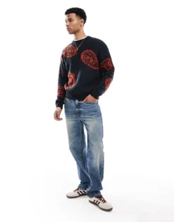 ONLY & SONS Brushed Knitted Jumper With Paisley Print In Navy For Men Dark Navy -Modern Clothing Shop 206910961 3