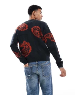ONLY & SONS Brushed Knitted Jumper With Paisley Print In Navy For Men Dark Navy -Modern Clothing Shop 206910961 4