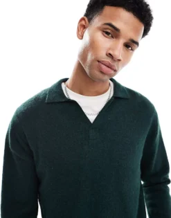 ONLY & SONS Wool Blend Revere Collar Knitted Polo In Dark Green For Men Sycamore