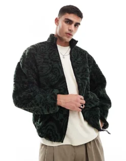 ONLY & SONS Zip Thorugh Fleece With Paisley Print In Dark Green For Men Sycamore