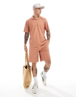 ONLY & SONS Plisse Shirt And Short Co-ord In Burnt Orange