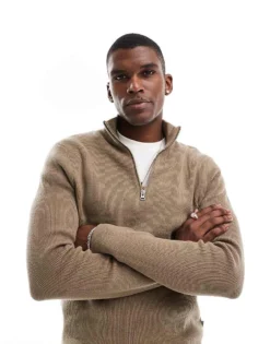 ONLY & SONS Ribbed Half Zip Jumper In Light Brown For Men Desert Taupe -Modern Clothing Shop 207277249 1 deserttaupe 1