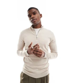 ONLY & SONS 1/4 Zip Jumper In Stone For Men Silver Lining