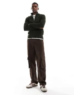 ONLY & SONS Ribbed Half Zip Jumper In Dark Green For Men Rosin -Modern Clothing Shop 207277459 4