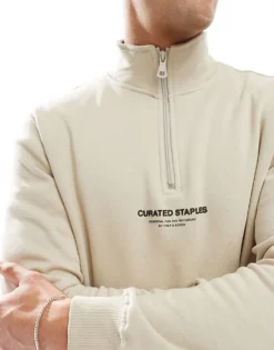 ONLY & SONS Curated High Neck 1/4 Zip Sweater In Stone For Men Silver Lining -Modern Clothing Shop 207277491 3