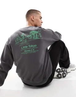 ONLY & SONS Oversized Sweat With Little Tokyo Back Print In Charcoal For Men Grey Pinstripe -Modern Clothing Shop 207483744 1 greypinstripe 1