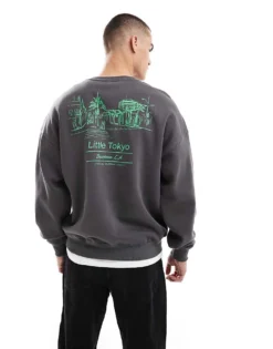 ONLY & SONS Oversized Sweat With Little Tokyo Back Print In Charcoal For Men Grey Pinstripe -Modern Clothing Shop 207483744 4