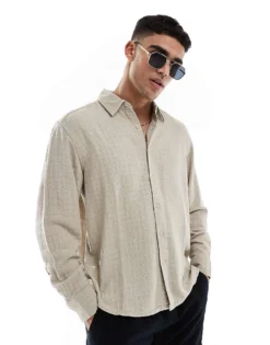 ONLY & SONS Textured Linen Mix Shirt In Beige For Men Silver Lining