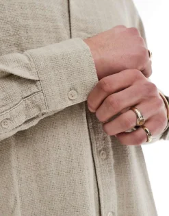 ONLY & SONS Textured Linen Mix Shirt In Beige For Men Silver Lining -Modern Clothing Shop 207654886 3