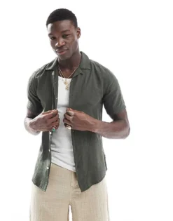 ONLY & SONS Short Sleeve Linen Mix Rever Collar Shirt In Dark Green For Men Kambaba -Modern Clothing Shop 207654983 1 kambaba 1