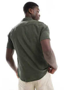 ONLY & SONS Short Sleeve Linen Mix Rever Collar Shirt In Dark Green For Men Kambaba -Modern Clothing Shop 207654983 3