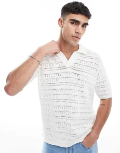 ONLY & SONS Open Knit Split Neck Polo In White For Men Cloud Dancer
