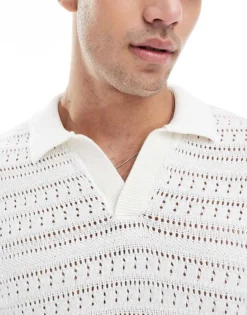 ONLY & SONS Open Knit Split Neck Polo In White For Men Cloud Dancer -Modern Clothing Shop 207655152 3