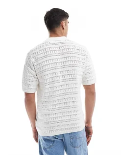 ONLY & SONS Open Knit Split Neck Polo In White For Men Cloud Dancer -Modern Clothing Shop 207655152 4