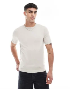 ONLY & SONS Short Sleeve Knit T-shirt In Beige For Men Silver Lining -Modern Clothing Shop 207655162 1 silverlining 1