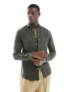 ONLY & SONS Linen Mix Long Sleeve Shirt In Dark Green For Men Kambaba -Modern Clothing Shop 207655200 1 kambaba 1