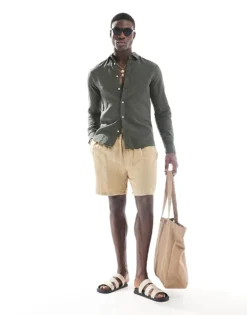 ONLY & SONS Linen Mix Long Sleeve Shirt In Dark Green For Men Kambaba -Modern Clothing Shop 207655200 3