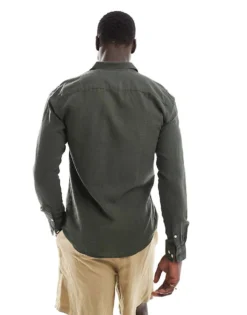 ONLY & SONS Linen Mix Long Sleeve Shirt In Dark Green For Men Kambaba -Modern Clothing Shop 207655200 4
