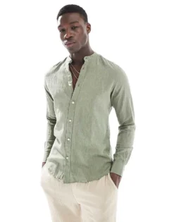 ONLY & SONS Linen Mix Grandad Collar Shirt In Sage For Men Swamp -Modern Clothing Shop 207655314 1 swamp 1