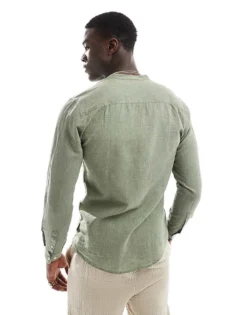 ONLY & SONS Linen Mix Grandad Collar Shirt In Sage For Men Swamp -Modern Clothing Shop 207655314 3