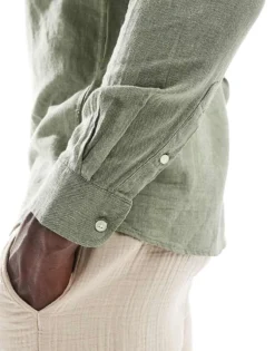 ONLY & SONS Linen Mix Grandad Collar Shirt In Sage For Men Swamp -Modern Clothing Shop 207655314 4