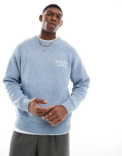ONLY & SONS Relaxed Fit Jumper With Embroidery In Light Blue For Men Skyway