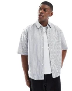 ONLY & SONS Boxy Fit Oxford Shirt In White & Blue Stripe For Men Naval Academy