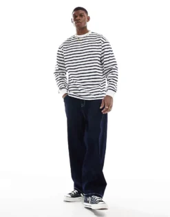 ONLY & SONS Loose Fit Long Sleeve T-shirt With White & Blue Stripes For Men Cloud Dancer