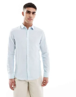 ONLY & SONS Long Sleeve Linen Shirt In Light Blue For Men -Modern Clothing Shop 207918317 1 lightblue 1