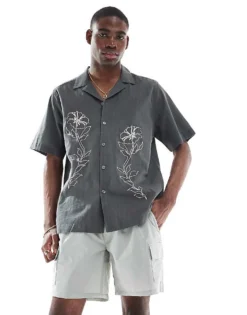 ONLY & SONS Embroidery Detail Resort Shirt In Grey For Men Grey Pinstripe