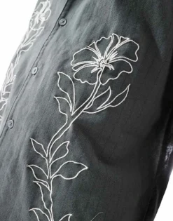 ONLY & SONS Embroidery Detail Resort Shirt In Grey For Men Grey Pinstripe -Modern Clothing Shop 207921992 4