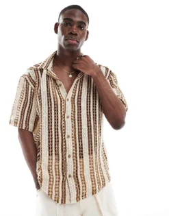 ONLY & SONS Crochet Shirt In Beige With Brown Stripe For Men Cloud Dancer / Brown
