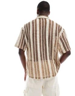 ONLY & SONS Crochet Shirt In Beige With Brown Stripe For Men Cloud Dancer / Brown -Modern Clothing Shop 207922011 3