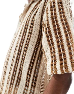 ONLY & SONS Crochet Shirt In Beige With Brown Stripe For Men Cloud Dancer / Brown -Modern Clothing Shop 207922011 4