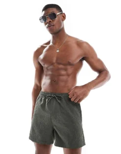 ONLY & SONS Seersucker Swim Shorts In Dark Green For Men Kambaba