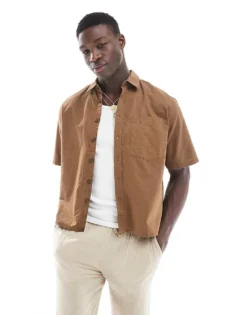 ONLY & SONS Boxy Fit Linen Mix Shirt In Brown For Men Sepia